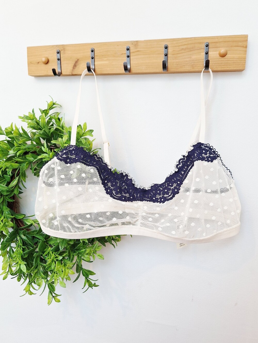Aerie Ivory Polka Dot Mesh Navy Lace Unlined Bra M NWT